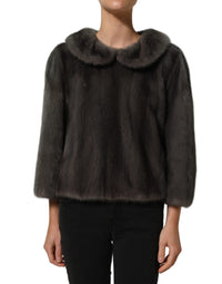 Dolce & Gabbana Dark Gray Mink Fur Round Collar Blouse Women's Top