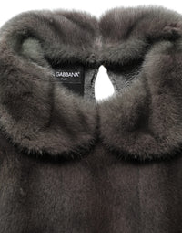 Dolce & Gabbana Dark Gray Mink Fur Round Collar Blouse Women's Top