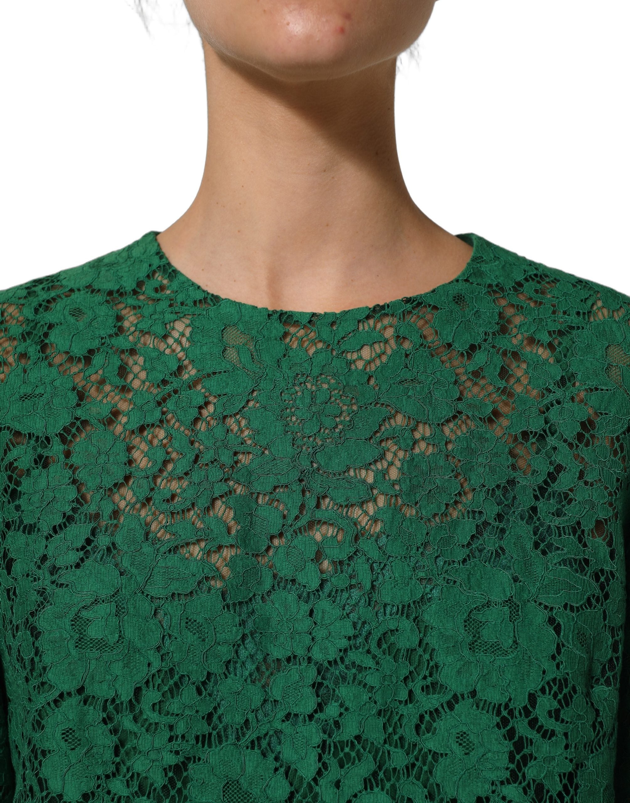Dolce & Gabbana Green Floral Lace Round Neck Blouse Women's Top