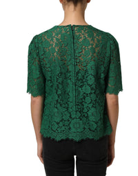 Dolce & Gabbana Green Floral Lace Round Neck Blouse Women's Top
