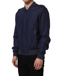 Dolce & Gabbana Blue Linen Full Zip Men Bomber Men's Jacket