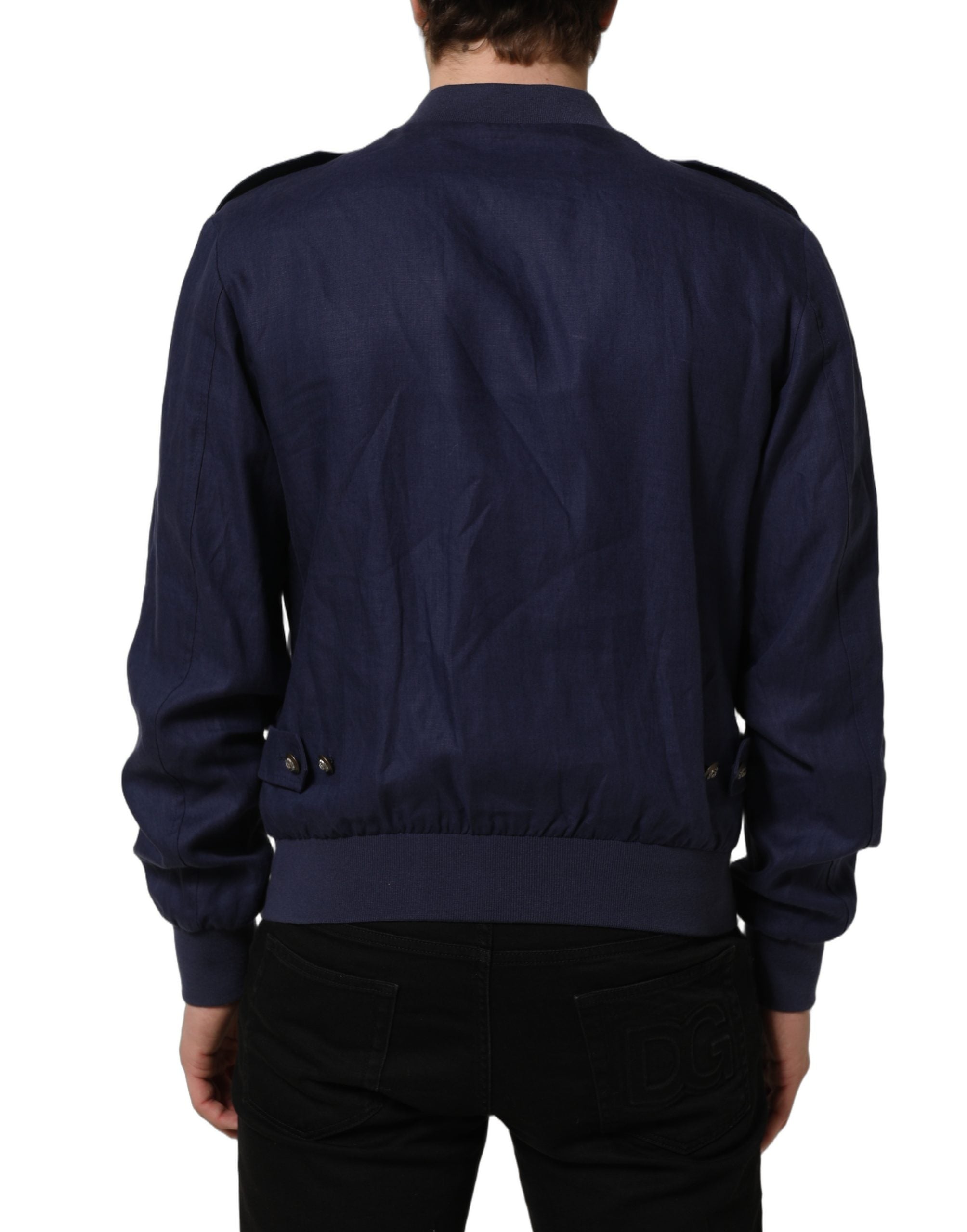Dolce & Gabbana Blue Linen Full Zip Men Bomber Men's Jacket