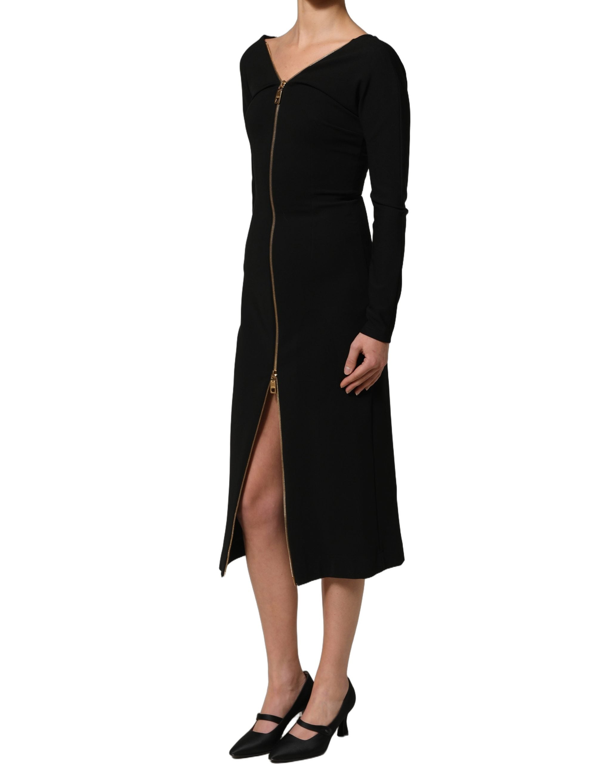 Dolce & Gabbana Dolce & Gabbana Black Long Sleeves Front Zipper Midi Women's Dress