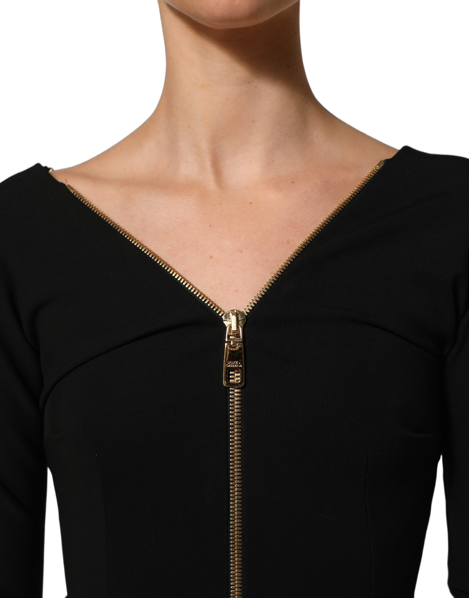 Dolce & Gabbana Black Long Sleeves Front Zipper Midi Dress - IT38
