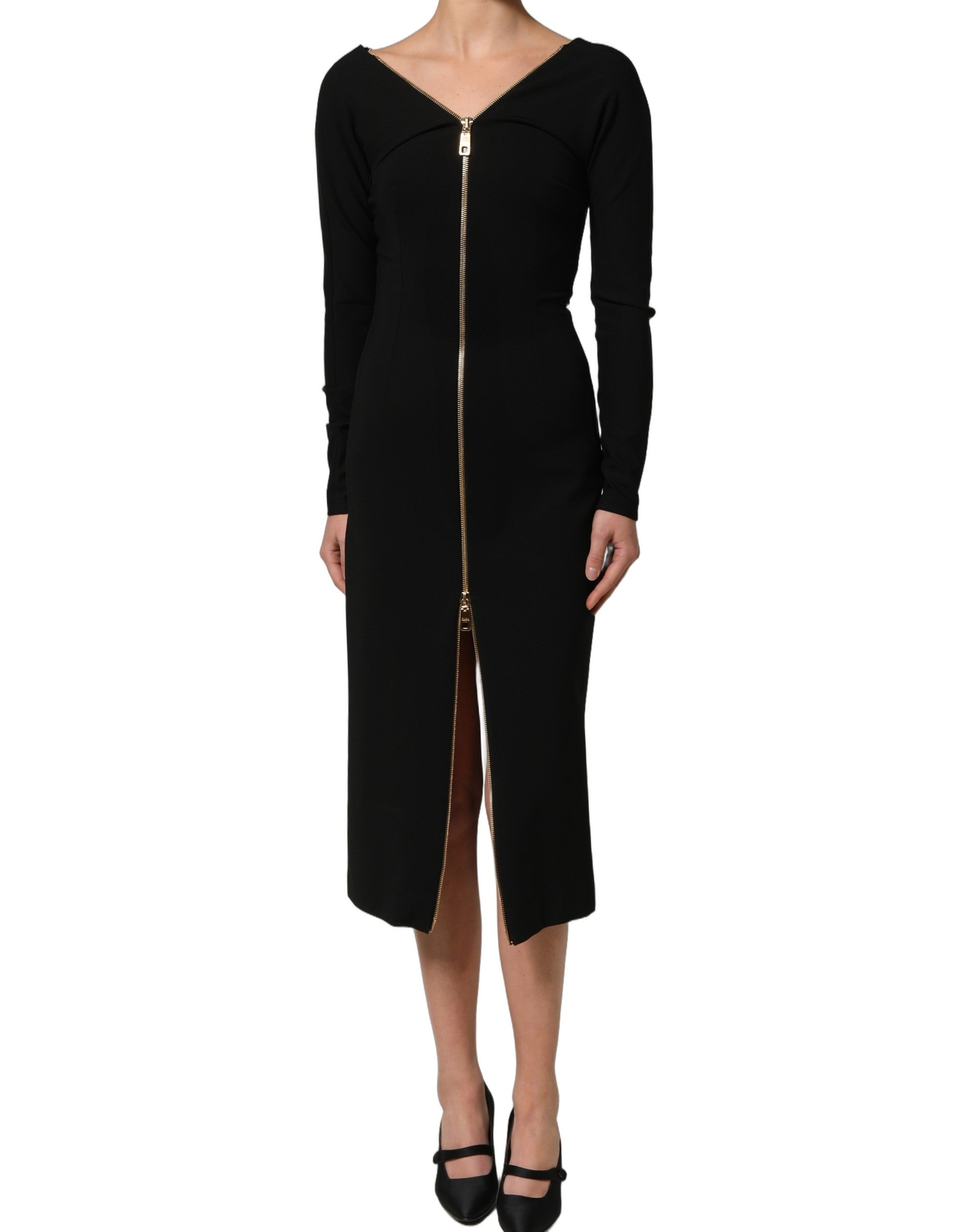 Dolce & Gabbana Dolce & Gabbana Black Long Sleeves Front Zipper Midi Women's Dress