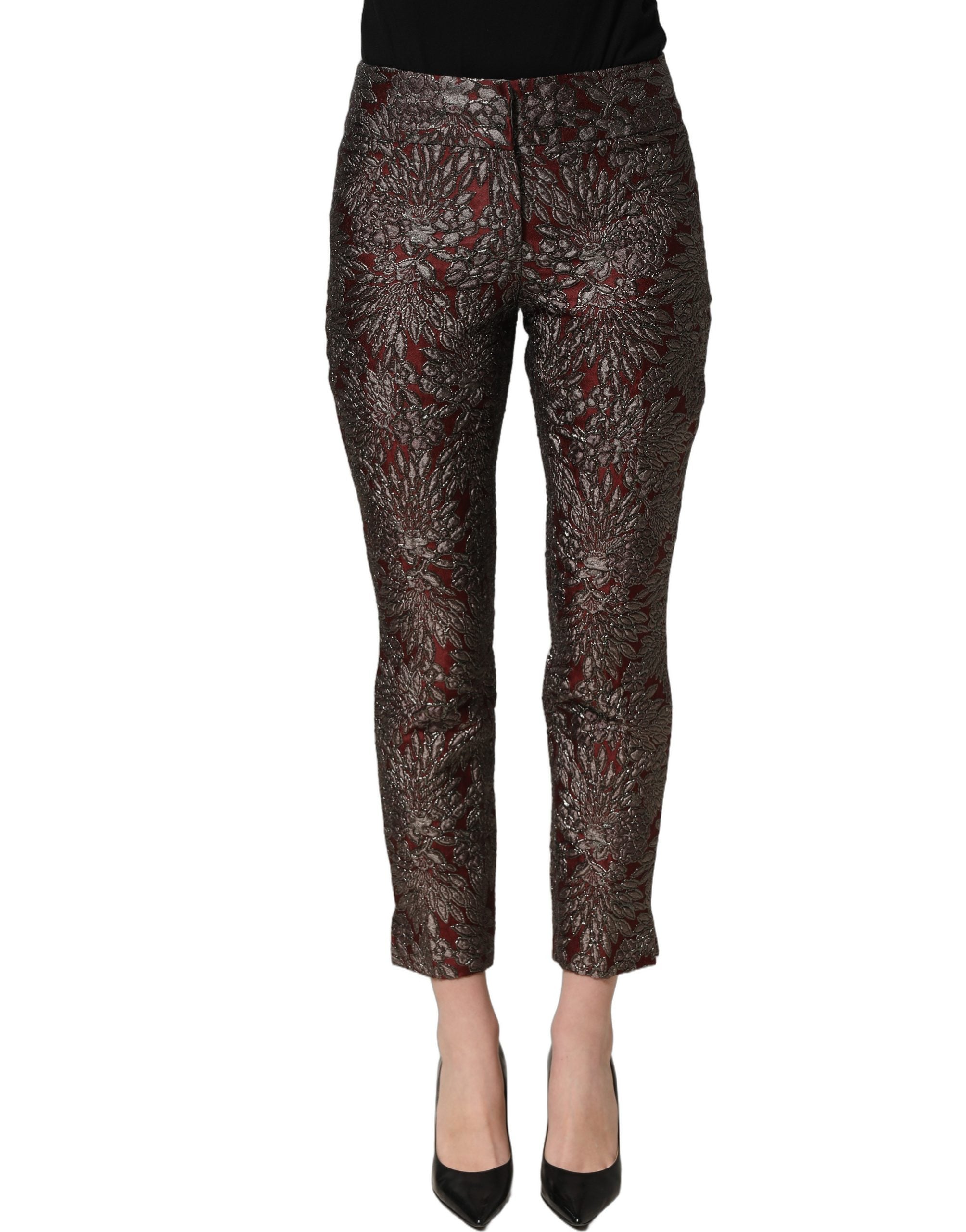 Dolce & Gabbana Dolce & Gabbana Burgundy Grey Floral Jacquard Straight Women's Pants