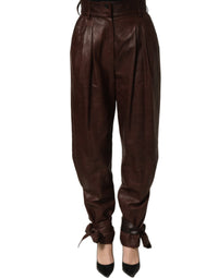 Dolce & Gabbana Dolce & Gabbana Brown Leather High Waist Tapered Leg Women's Pants