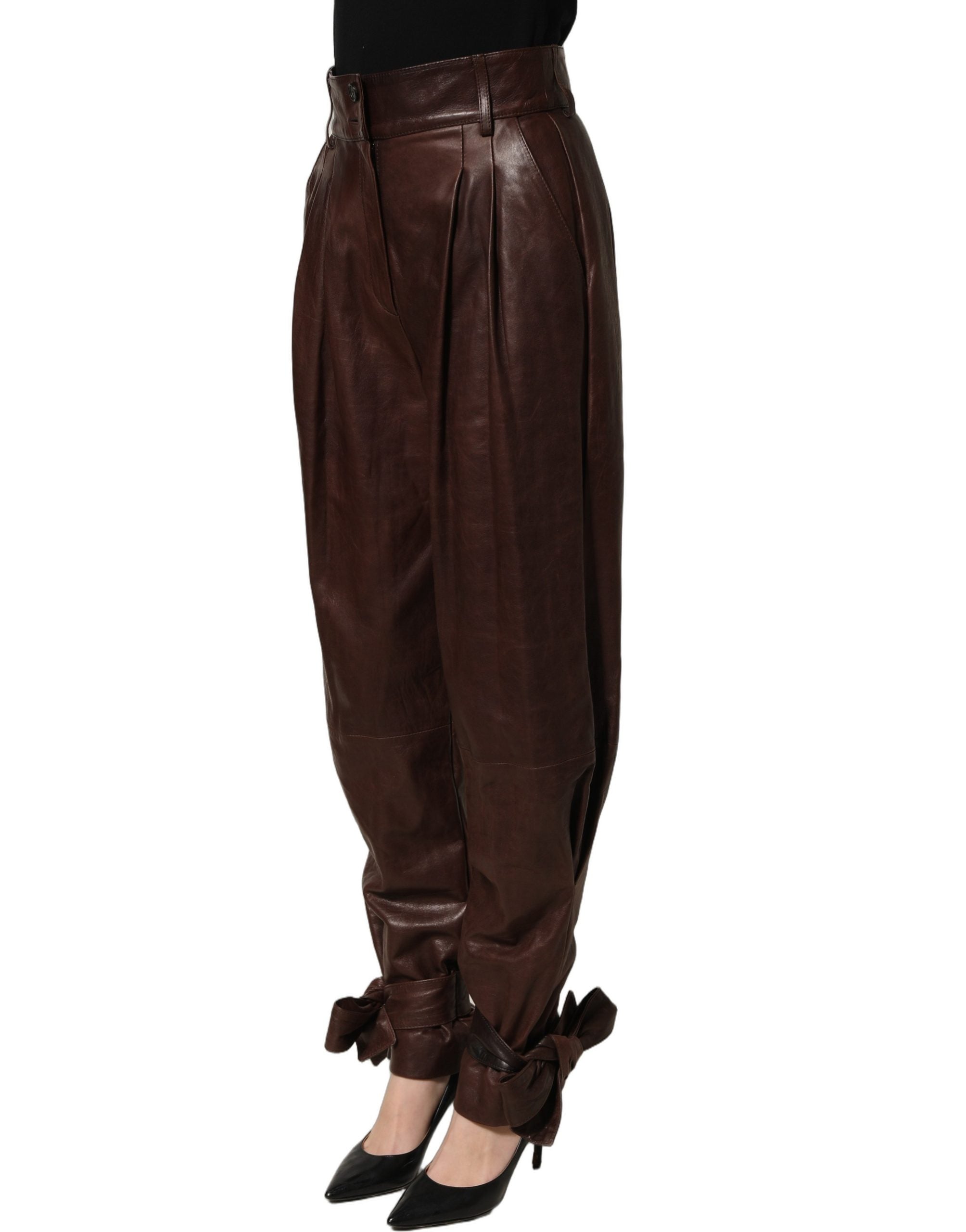 Dolce & Gabbana Dolce & Gabbana Brown Leather High Waist Tapered Leg Women's Pants