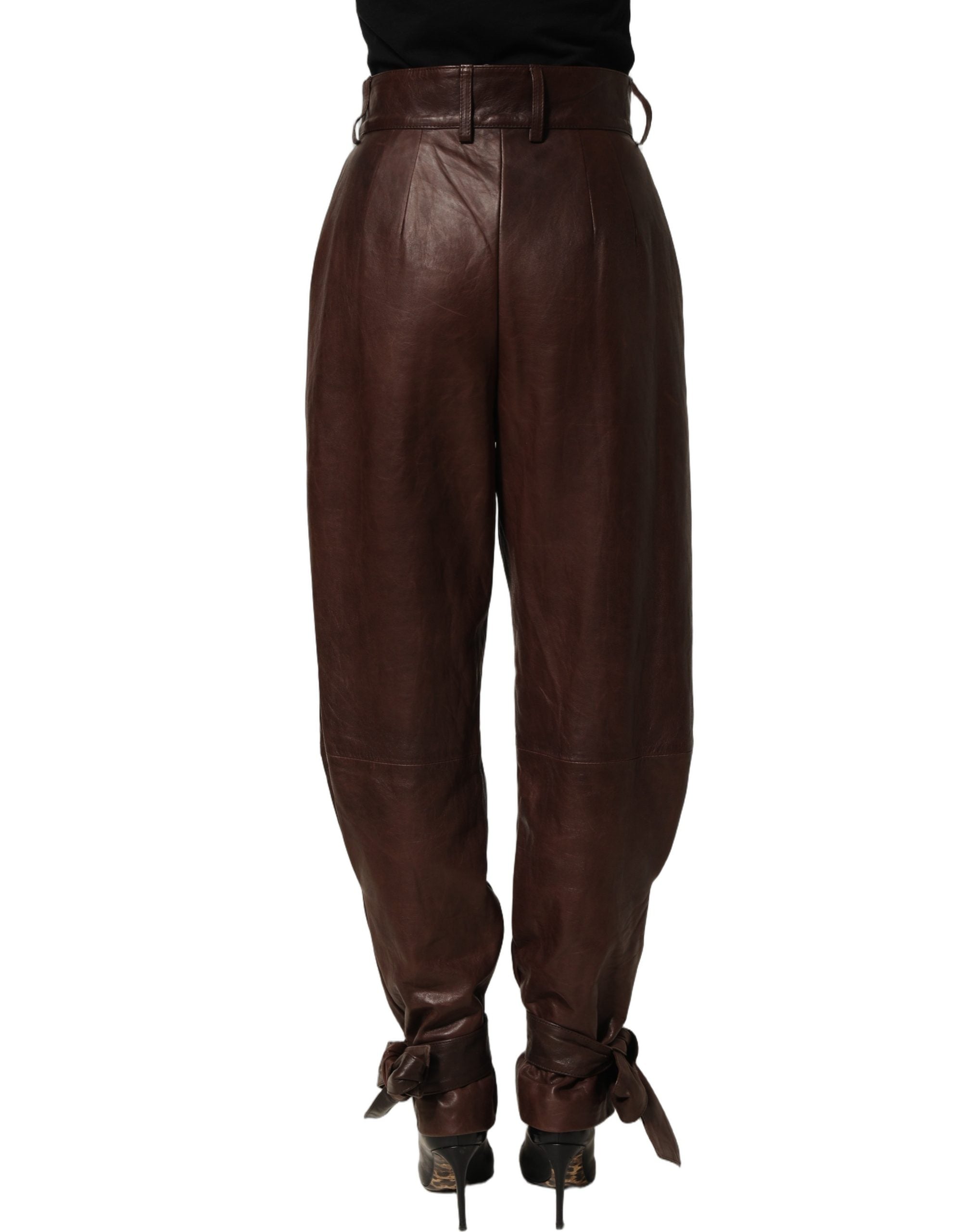 Dolce & Gabbana Dolce & Gabbana Brown Leather High Waist Tapered Leg Women's Pants