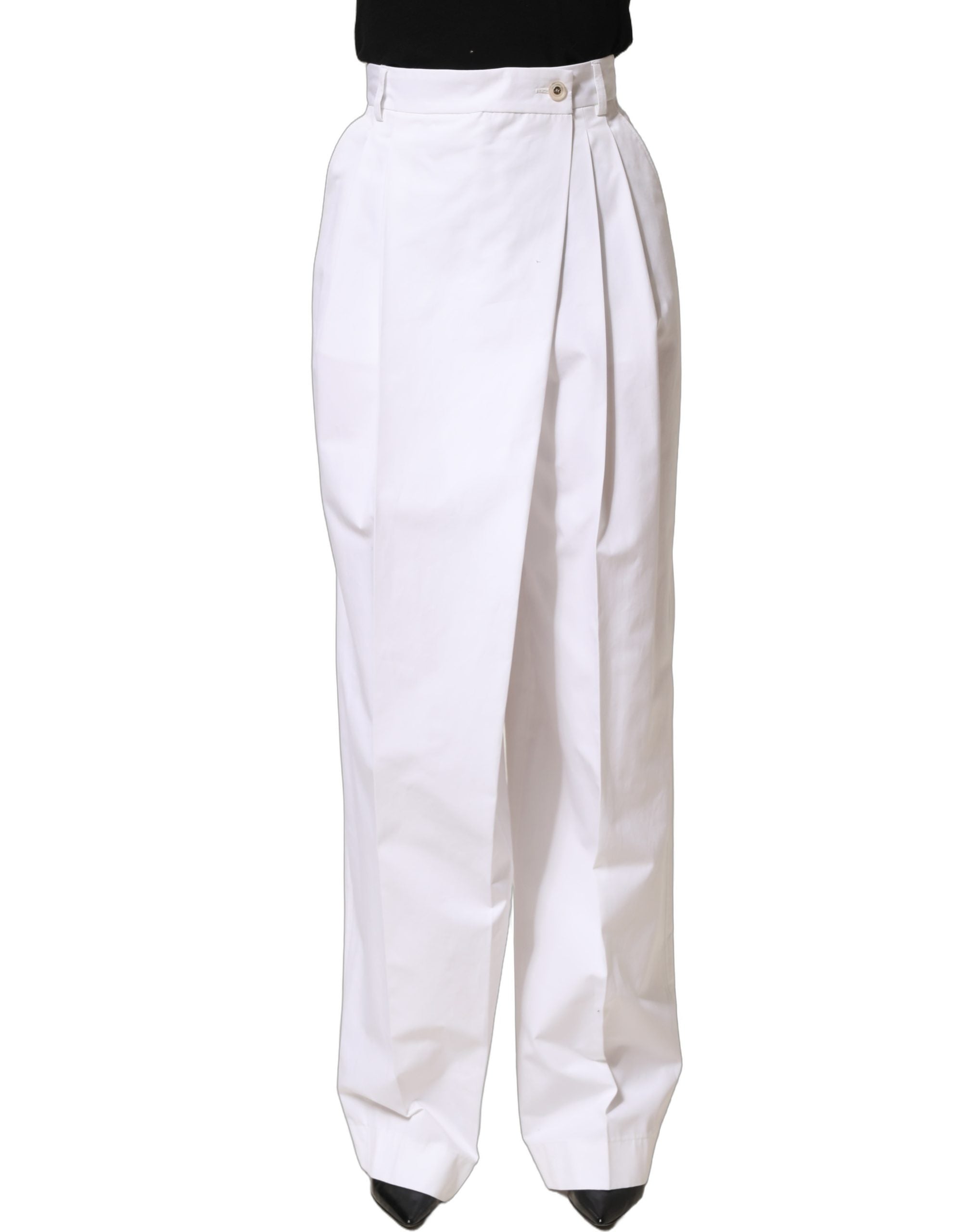 Dolce & Gabbana Dolce & Gabbana White Cotton High Waist Pleated Wide Leg Women's Pants
