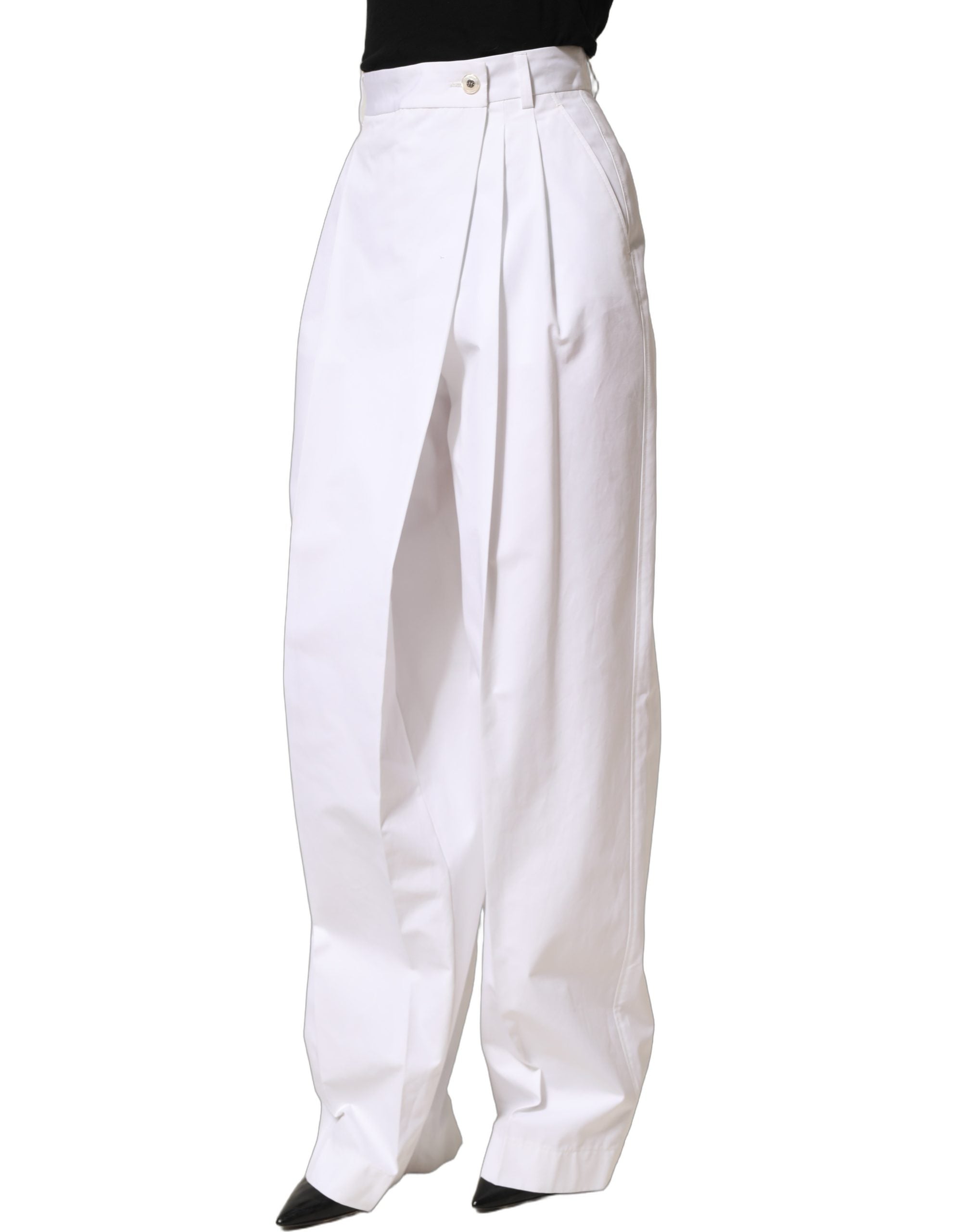 Dolce & Gabbana Dolce & Gabbana White Cotton High Waist Pleated Wide Leg Women's Pants