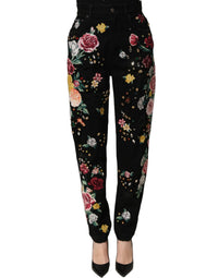 Dolce & Gabbana Dolce & Gabbana Black Floral Cotton High Waist Tapered Women's Pants
