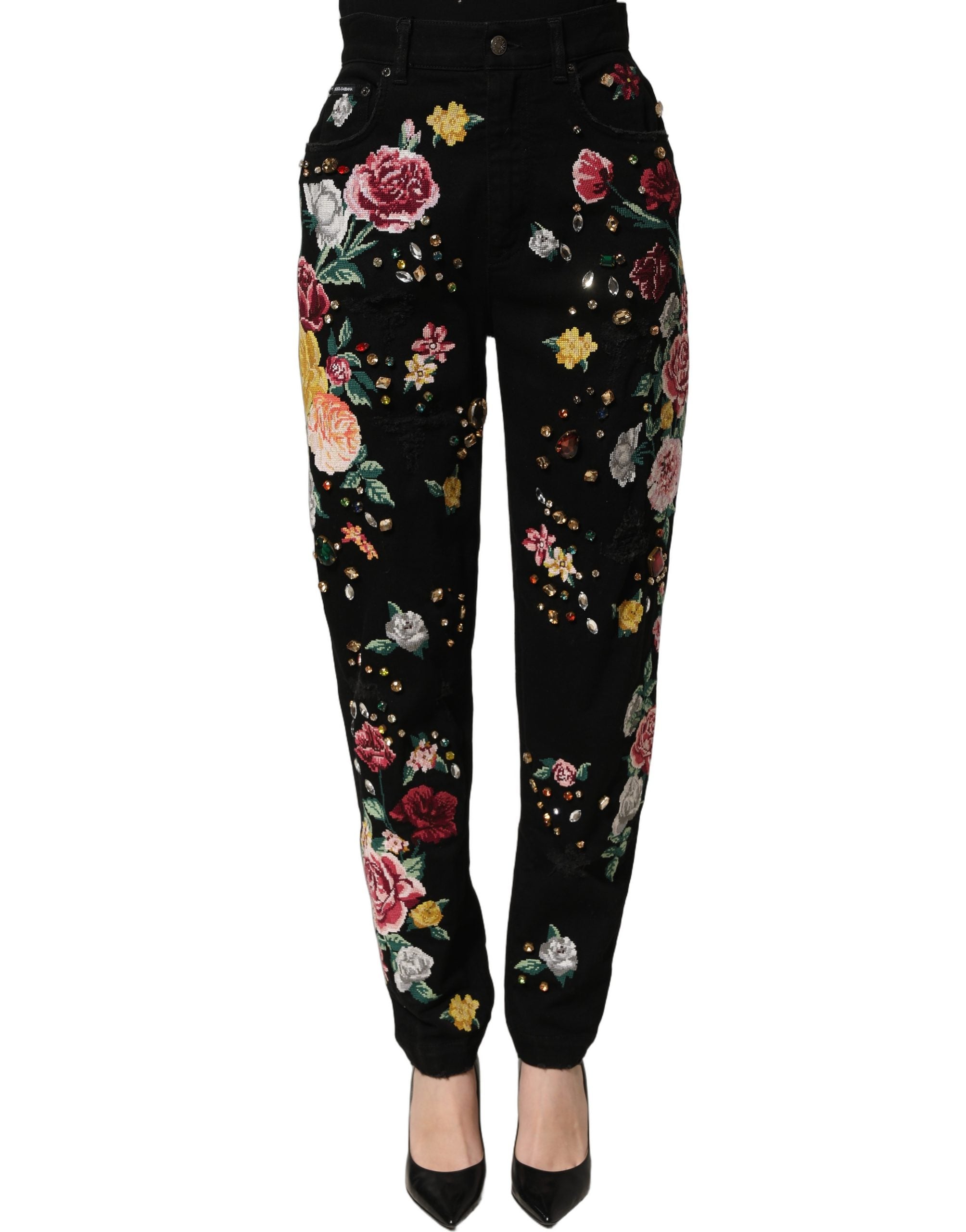 Dolce & Gabbana Dolce & Gabbana Black Floral Cotton High Waist Tapered Women's Pants