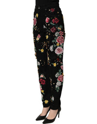 Dolce & Gabbana Dolce & Gabbana Black Floral Cotton High Waist Tapered Women's Pants