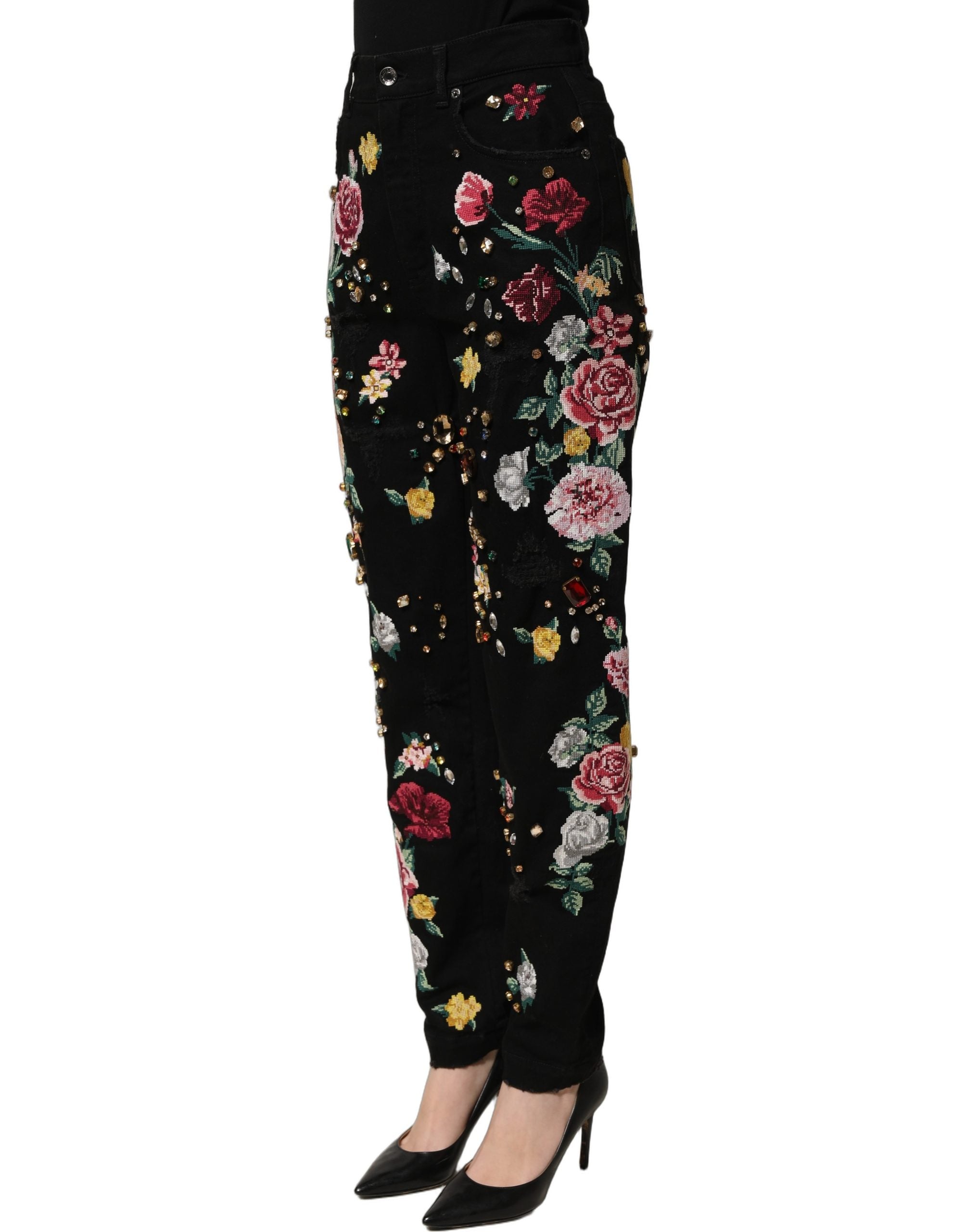 Dolce & Gabbana Dolce & Gabbana Black Floral Cotton High Waist Tapered Women's Pants