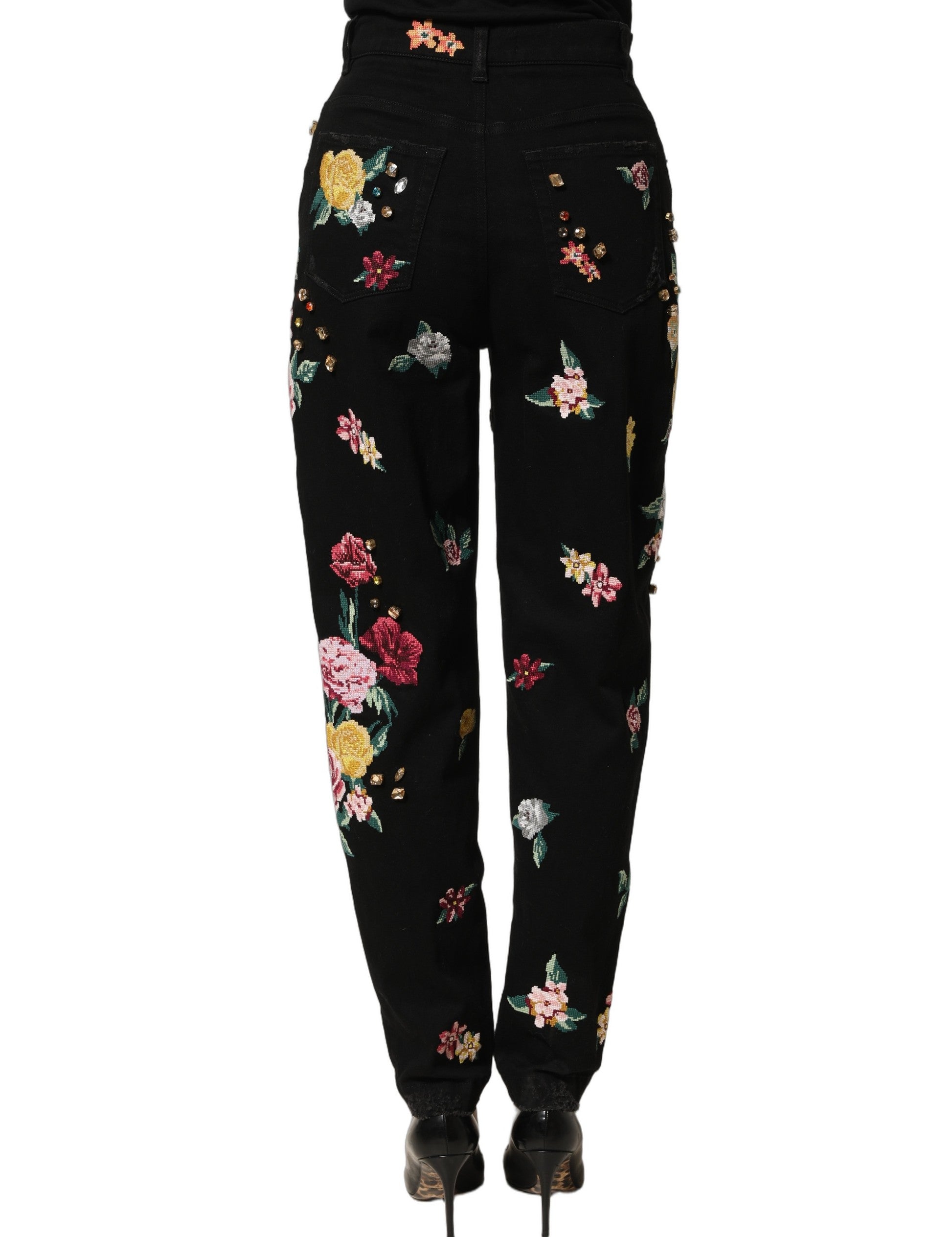 Dolce & Gabbana Dolce & Gabbana Black Floral Cotton High Waist Tapered Women's Pants