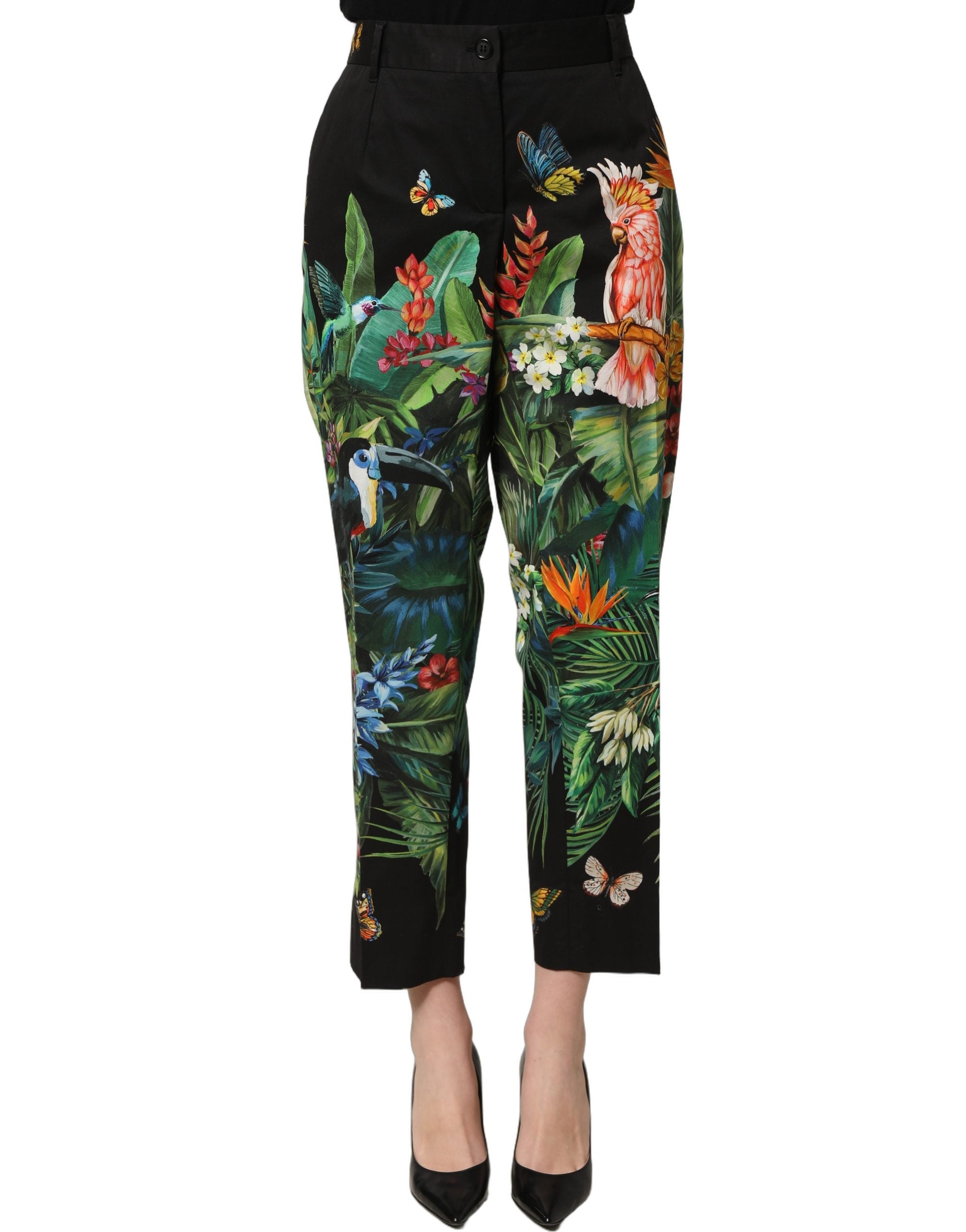 Dolce & Gabbana Dolce & Gabbana Black Tropical Print Cotton HighWaist Women's Pants