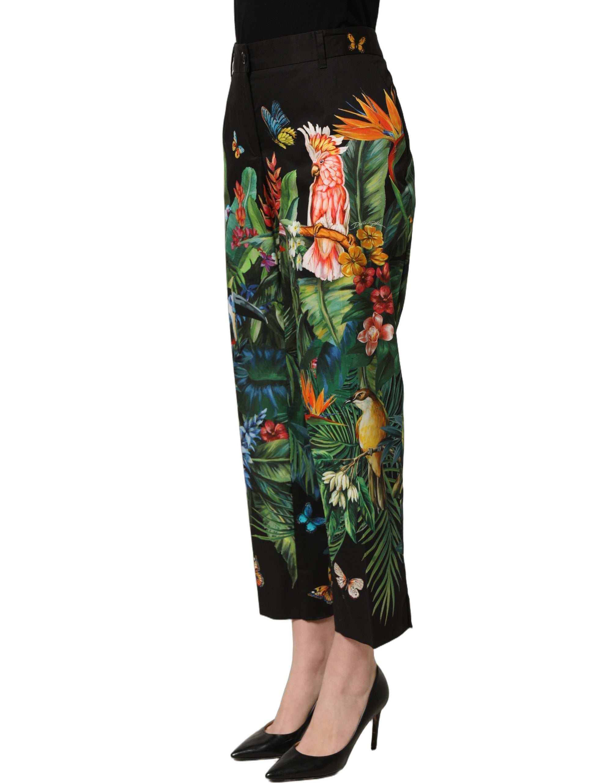 Dolce & Gabbana Dolce & Gabbana Black Tropical Print Cotton HighWaist Women's Pants