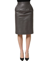 Dolce & Gabbana Gray Leather High Waist Pencil Cut Midi Women's Skirt
