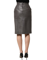Dolce & Gabbana Gray Leather High Waist Pencil Cut Midi Women's Skirt