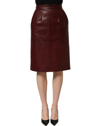 Dolce & Gabbana Burgundy Leather High Waist Pencil Midi Women's Skirt