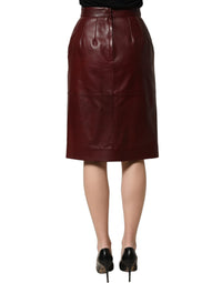 Dolce & Gabbana Burgundy Leather High Waist Pencil Midi Women's Skirt