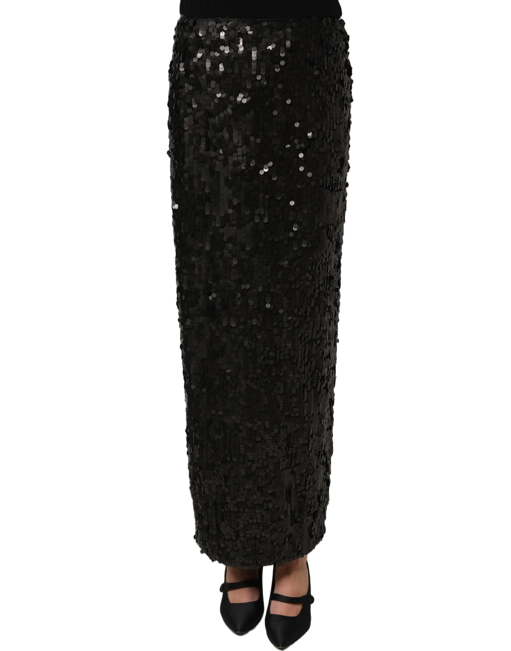 Dolce & Gabbana Black Sequin High Waist Pencil Midi Women's Skirt