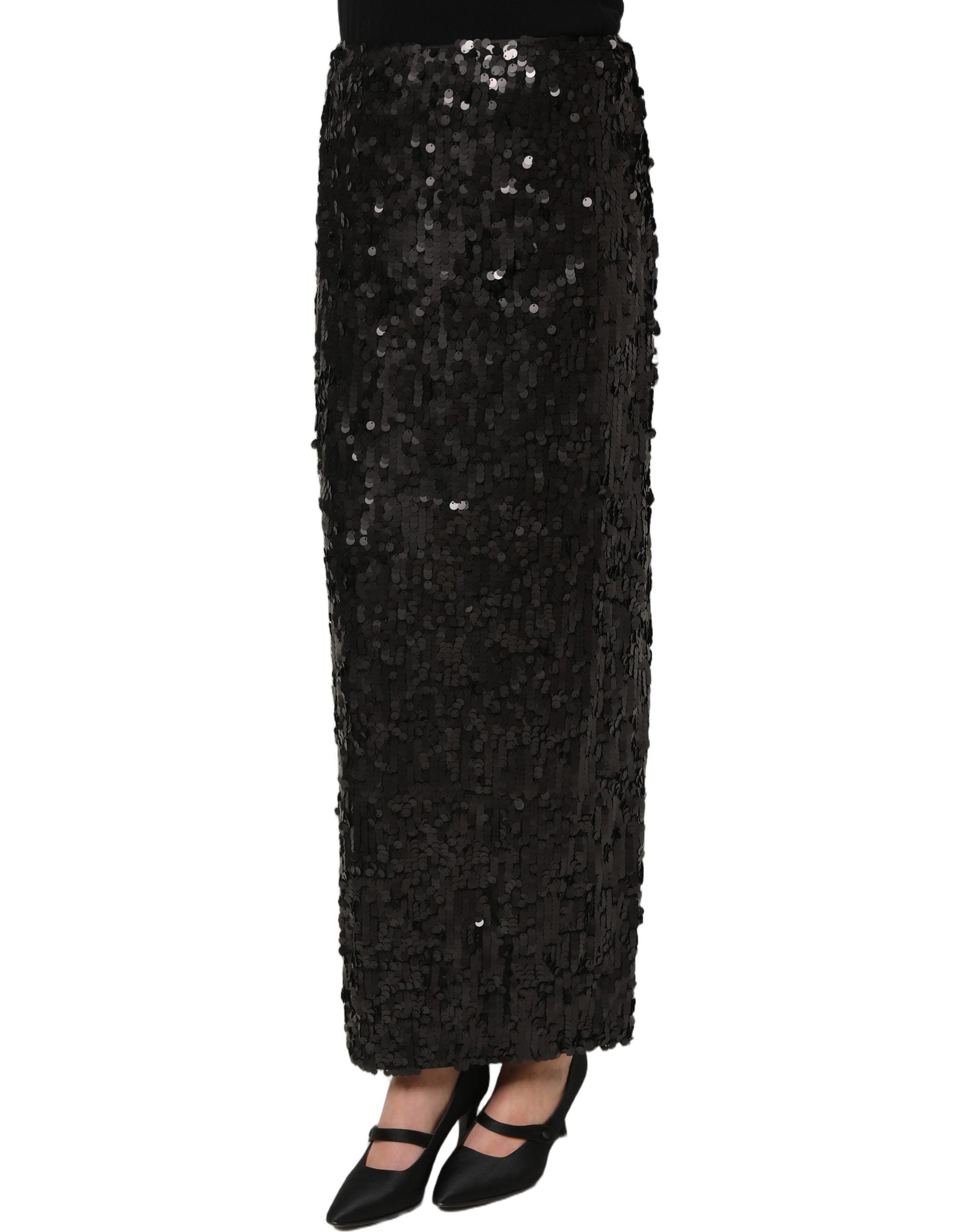 Dolce & Gabbana Black Sequin High Waist Pencil Midi Women's Skirt