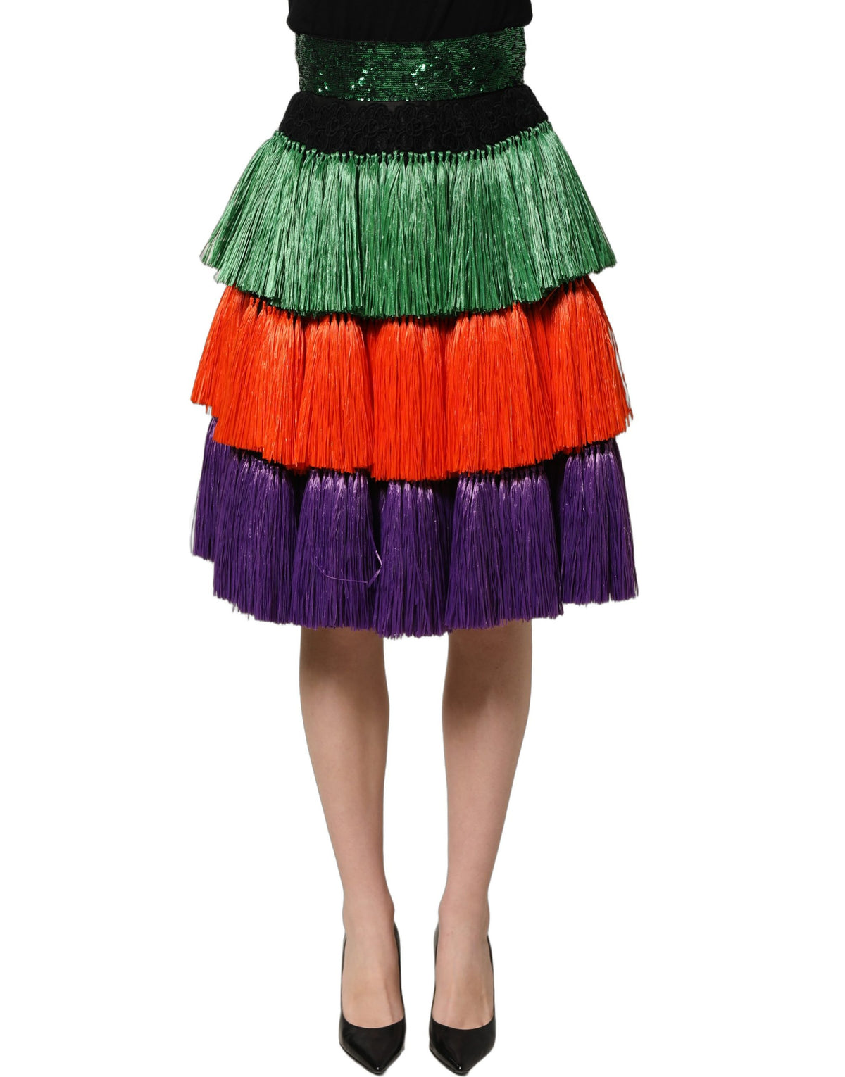 Dolce & Gabbana Multicolor Fringed High Waist Knee Length Women's Skirt