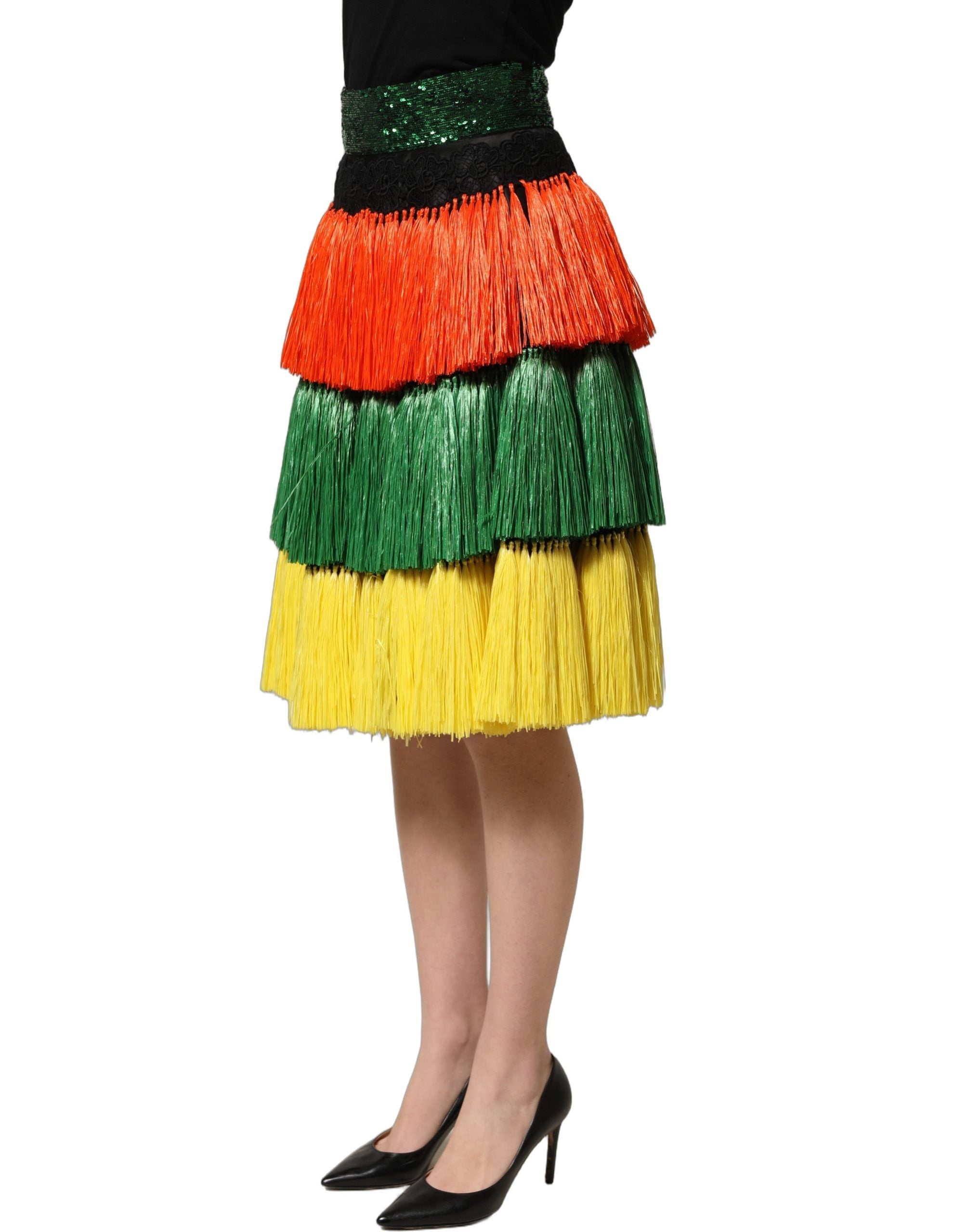 Dolce & Gabbana Dolce & Gabbana Multicolor Fringe Sequin High Waist Knee Length Women's Skirt