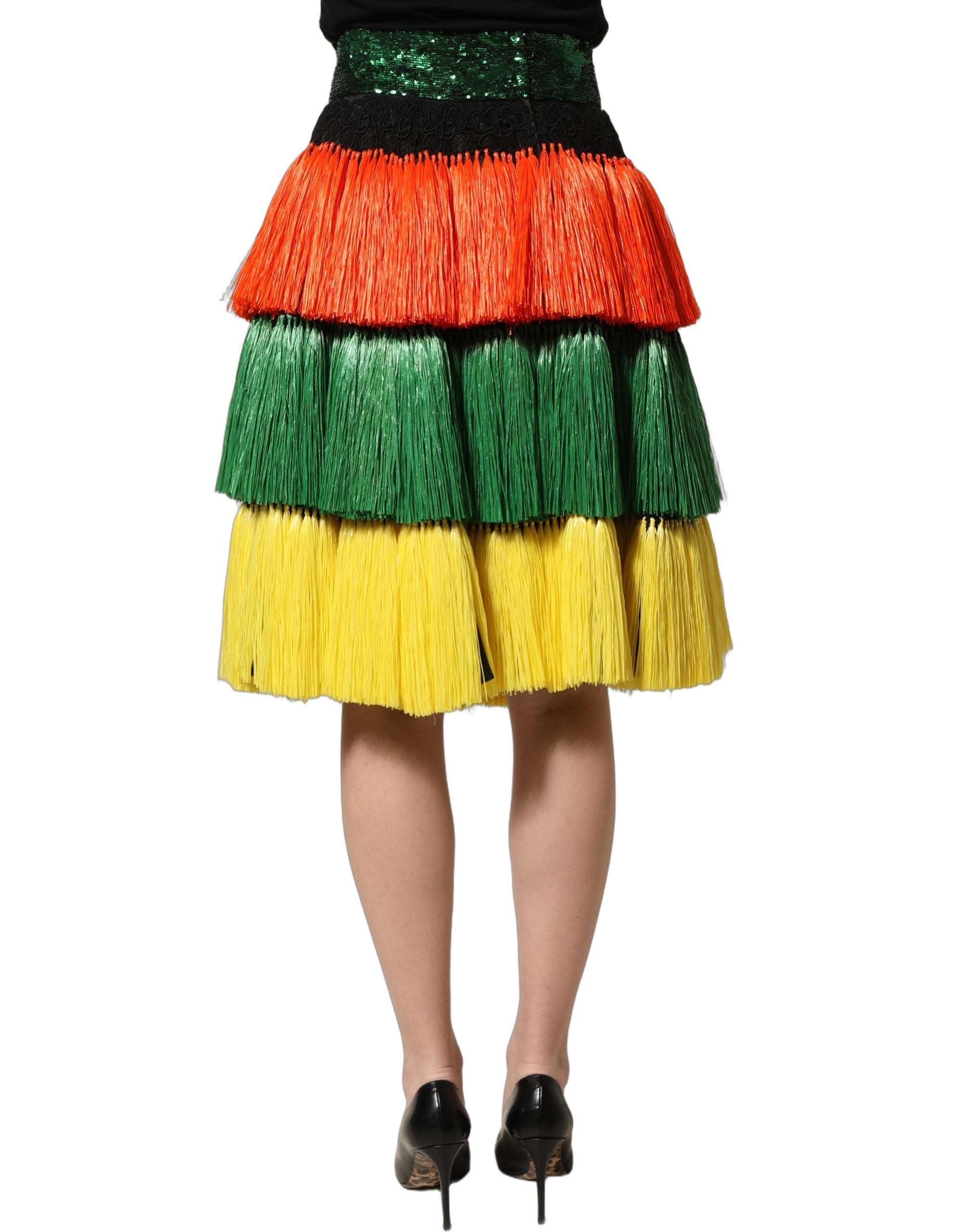 Dolce & Gabbana Dolce & Gabbana Multicolor Fringe Sequin High Waist Knee Length Women's Skirt
