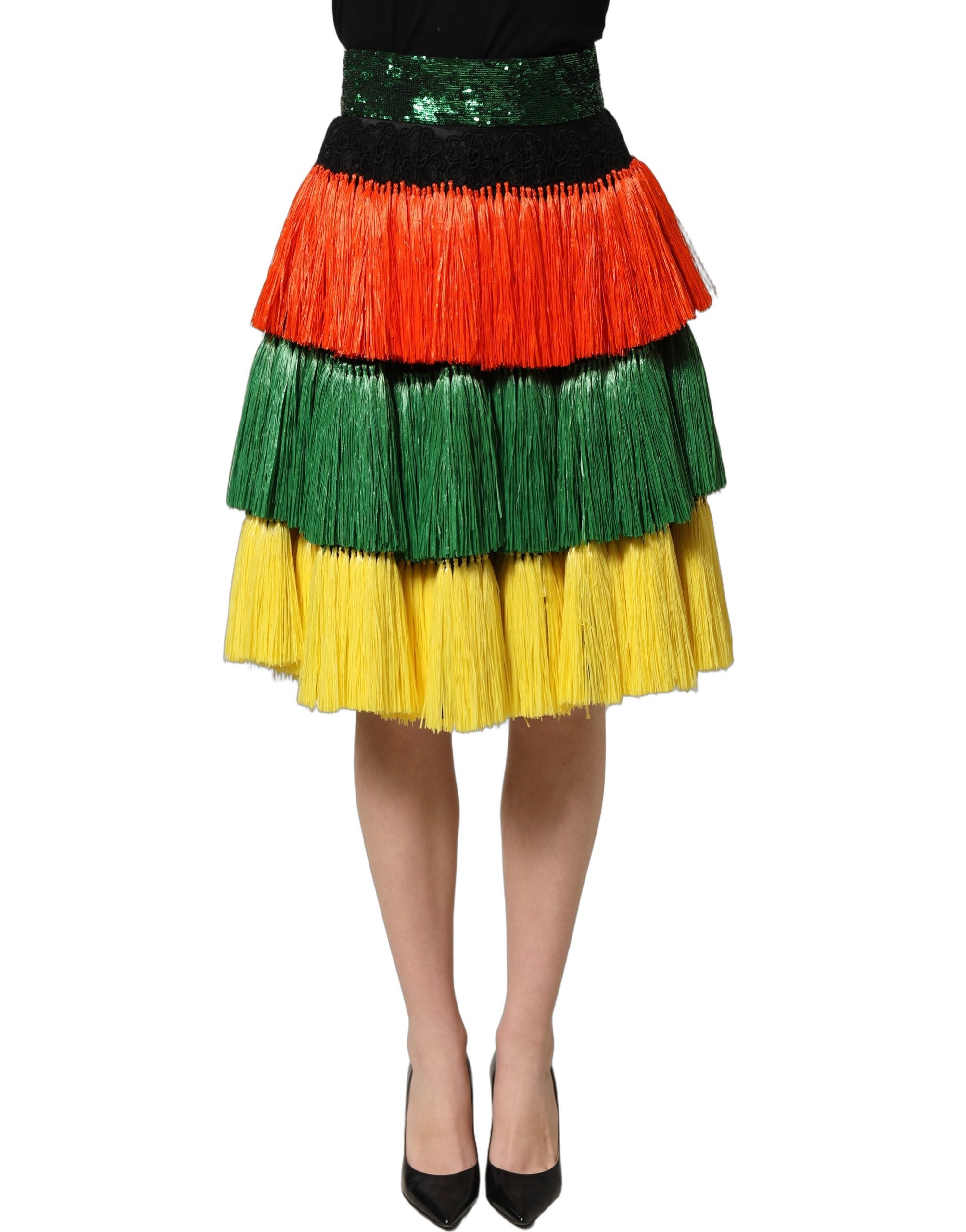 Dolce & Gabbana Dolce & Gabbana Multicolor Fringe Sequin High Waist Knee Length Women's Skirt