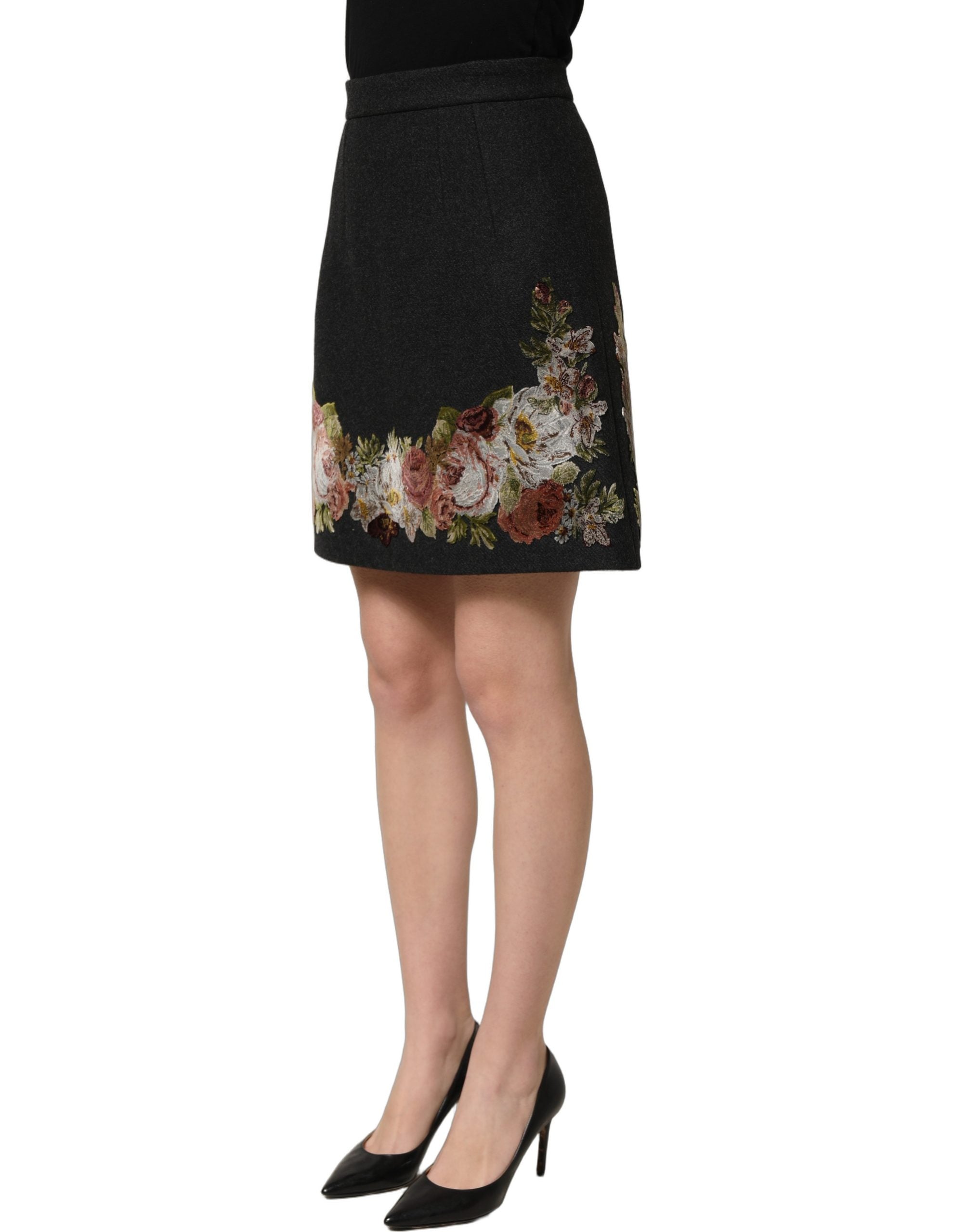 Dolce & Gabbana Black Floral Macramé High Waist A-line Women's Skirt