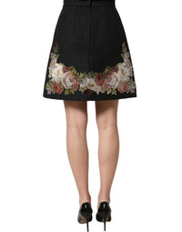 Dolce & Gabbana Black Floral Macramé High Waist A-line Women's Skirt