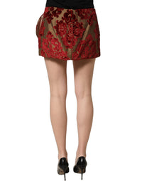 Dolce & Gabbana Maroon Floral Jacquard Rhinestone Mini Women's Skirt
