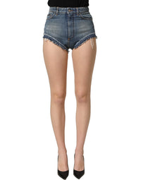 Dolce & Gabbana Blue Cotton High Waist Denim Hotpants Women's Shorts