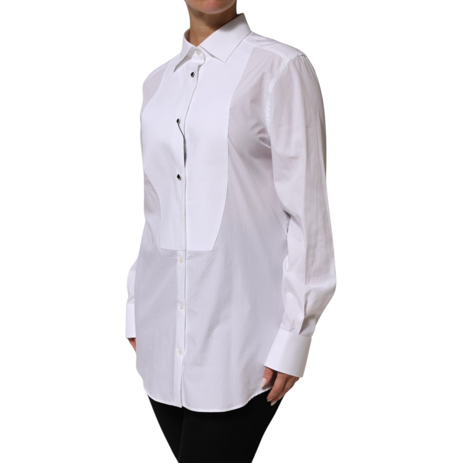 Dolce & Gabbana Dolce & Gabbana White Cotton Tuxedo Bib Long Sleeve Dress Women's Shirt