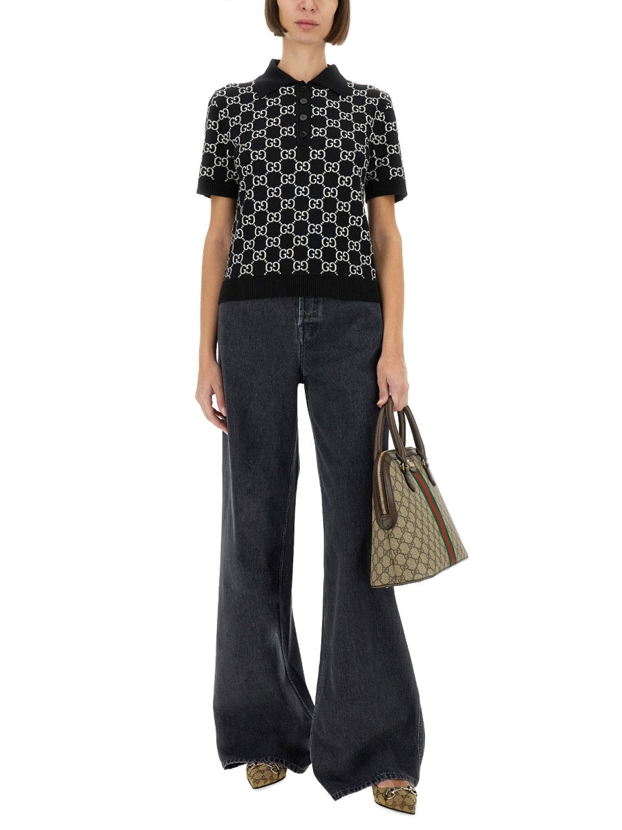 Gucci Women Gg Wool Jacquard Reversible Polo Shirt