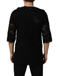 Dolce & Gabbana Black Cotton Floral Lace Crew Neck Men's T-shirt
