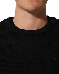 Dolce & Gabbana Black Cotton Floral Lace Crew Neck Men's T-shirt