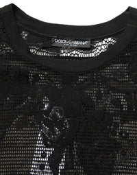 Dolce & Gabbana Black Cotton Floral Lace Crew Neck Men's T-shirt