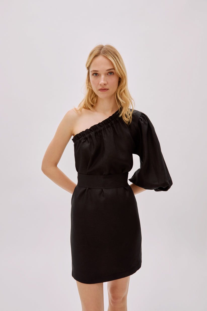 Florence Black Linen One Sleeve Dress Regular 8 (M) Black
