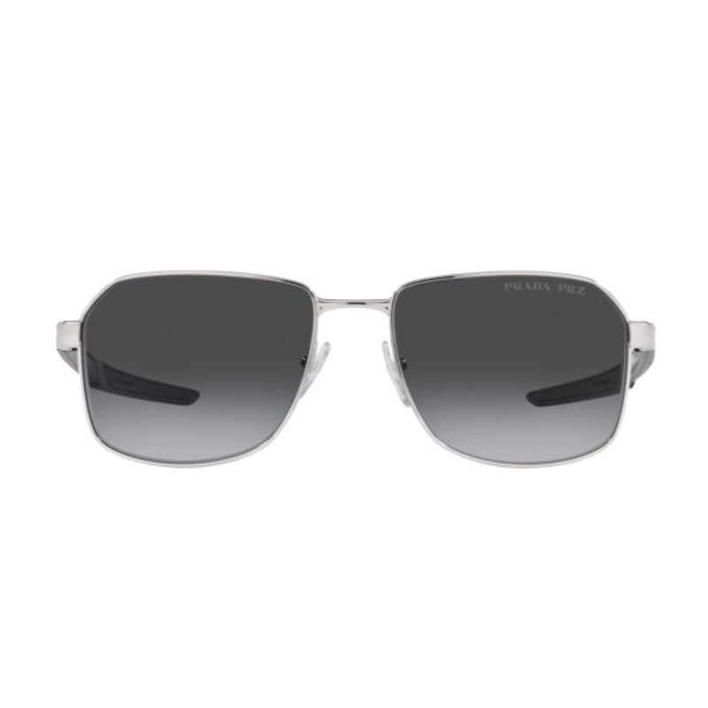 Prada Sport Sunglasses Rectangle Full Rim, Silver Frame and Grey Gradient Polarized Lens PS54WS1BC06G
