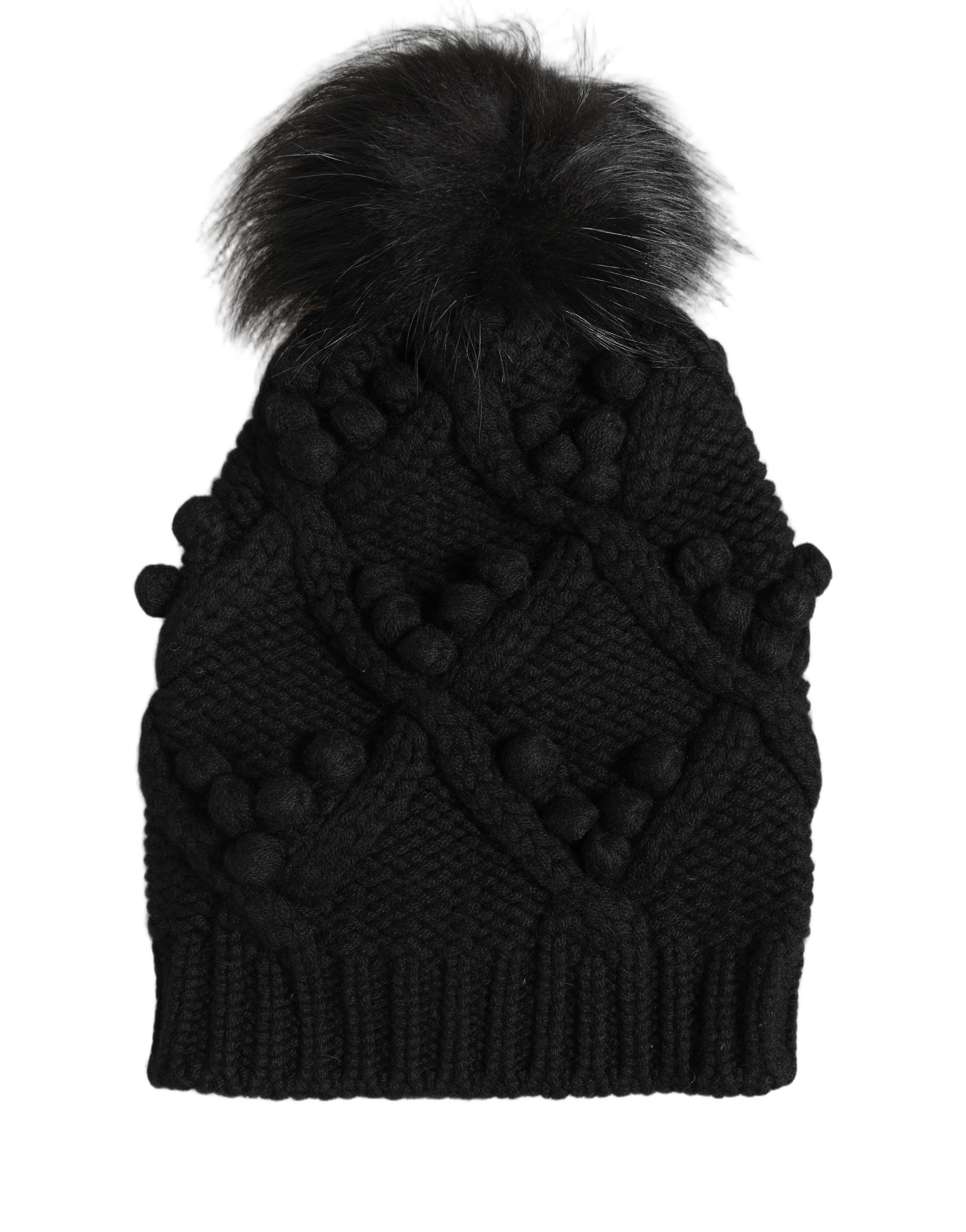 Dolce & Gabbana Dolce & Gabbana Black Cashmere Knitted Fur Pom-Pom Beanie One Size Women's Hat