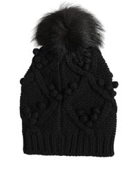 Dolce & Gabbana Dolce & Gabbana Black Cashmere Knitted Fur Pom-Pom Beanie One Size Women's Hat