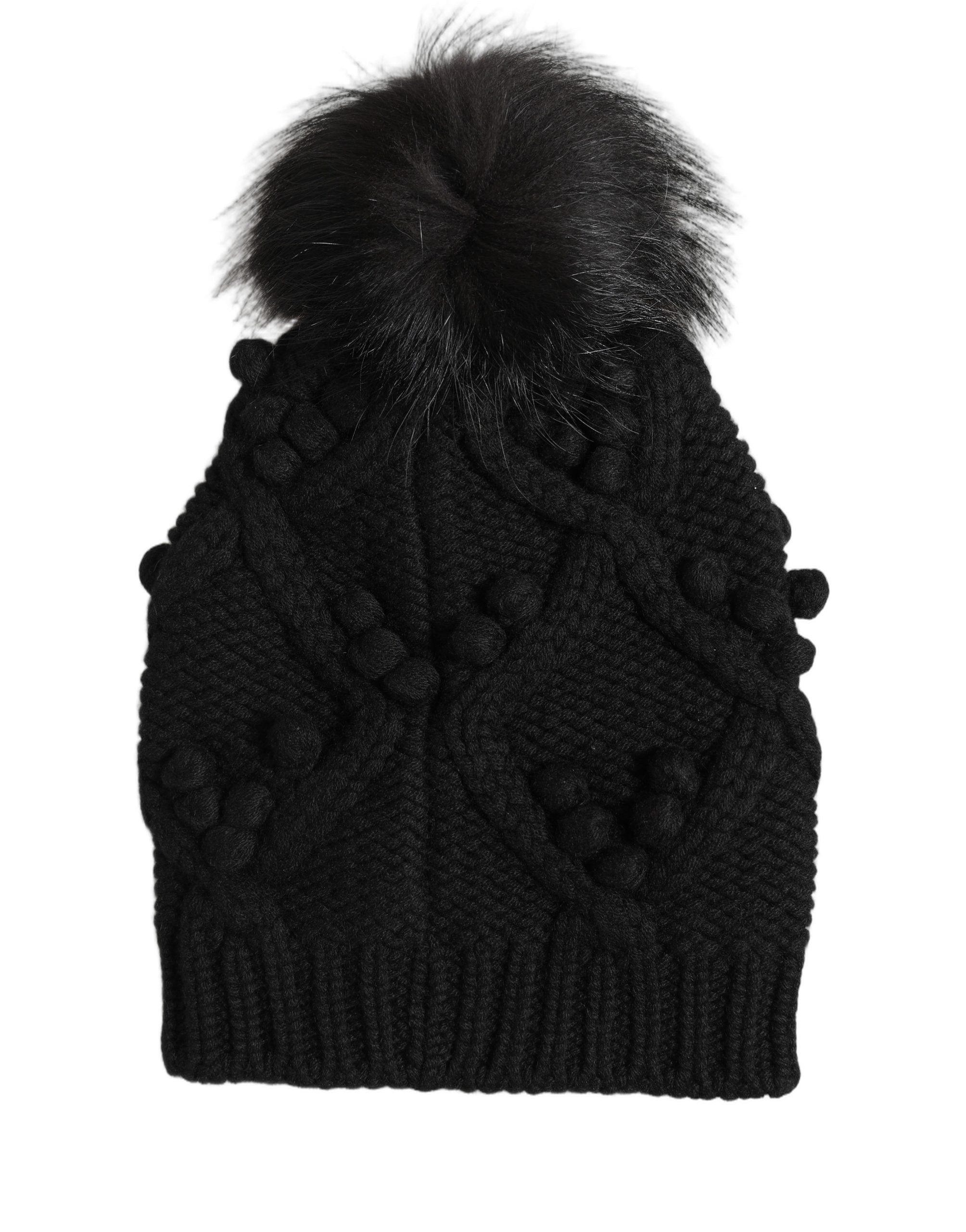 Dolce & Gabbana Dolce & Gabbana Black Cashmere Knitted Fur Pom-Pom Beanie One Size Women's Hat