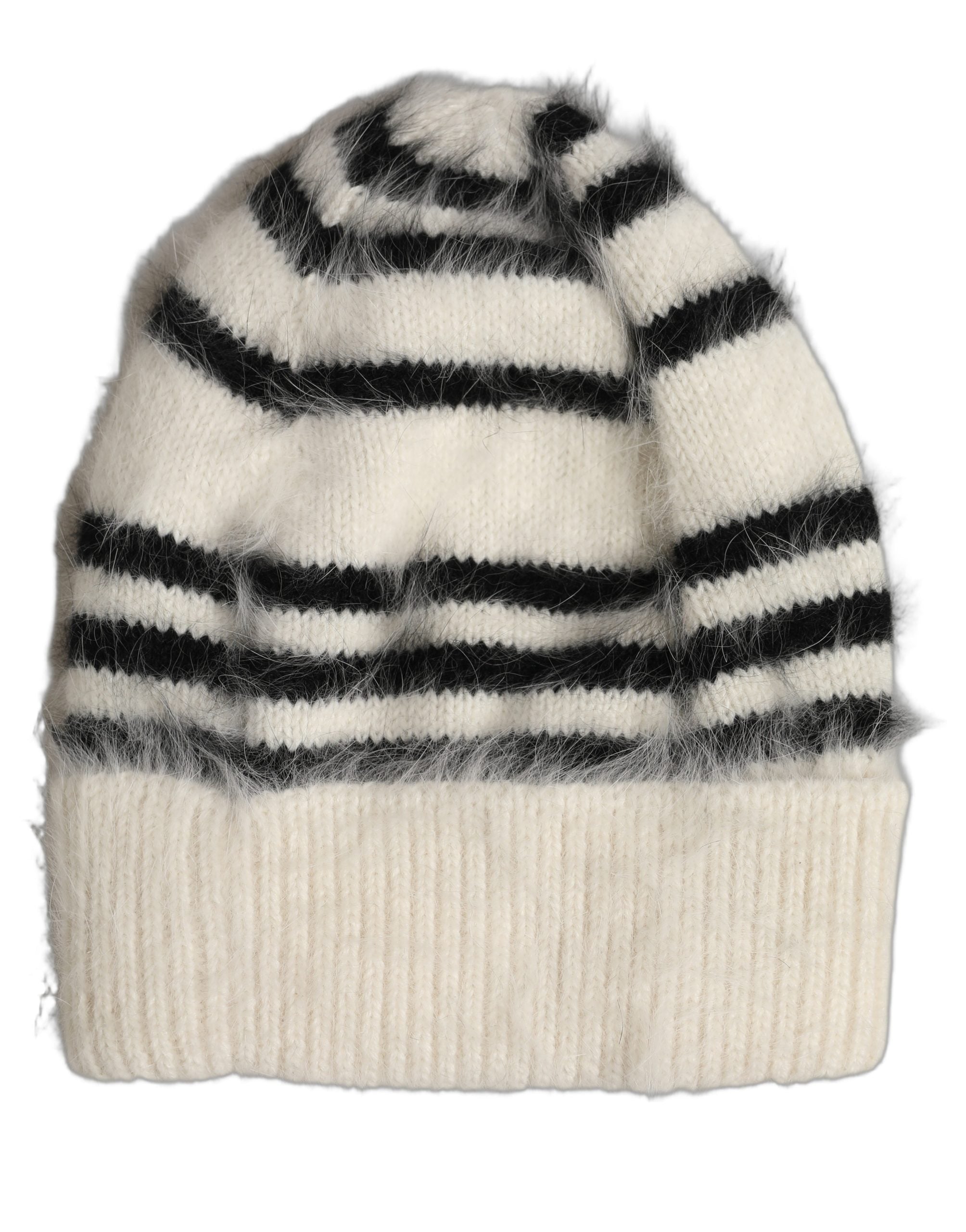 Dolce & Gabbana Dolce & Gabbana Black White Striped Angora Knitted Beanie One Size Women's Hat