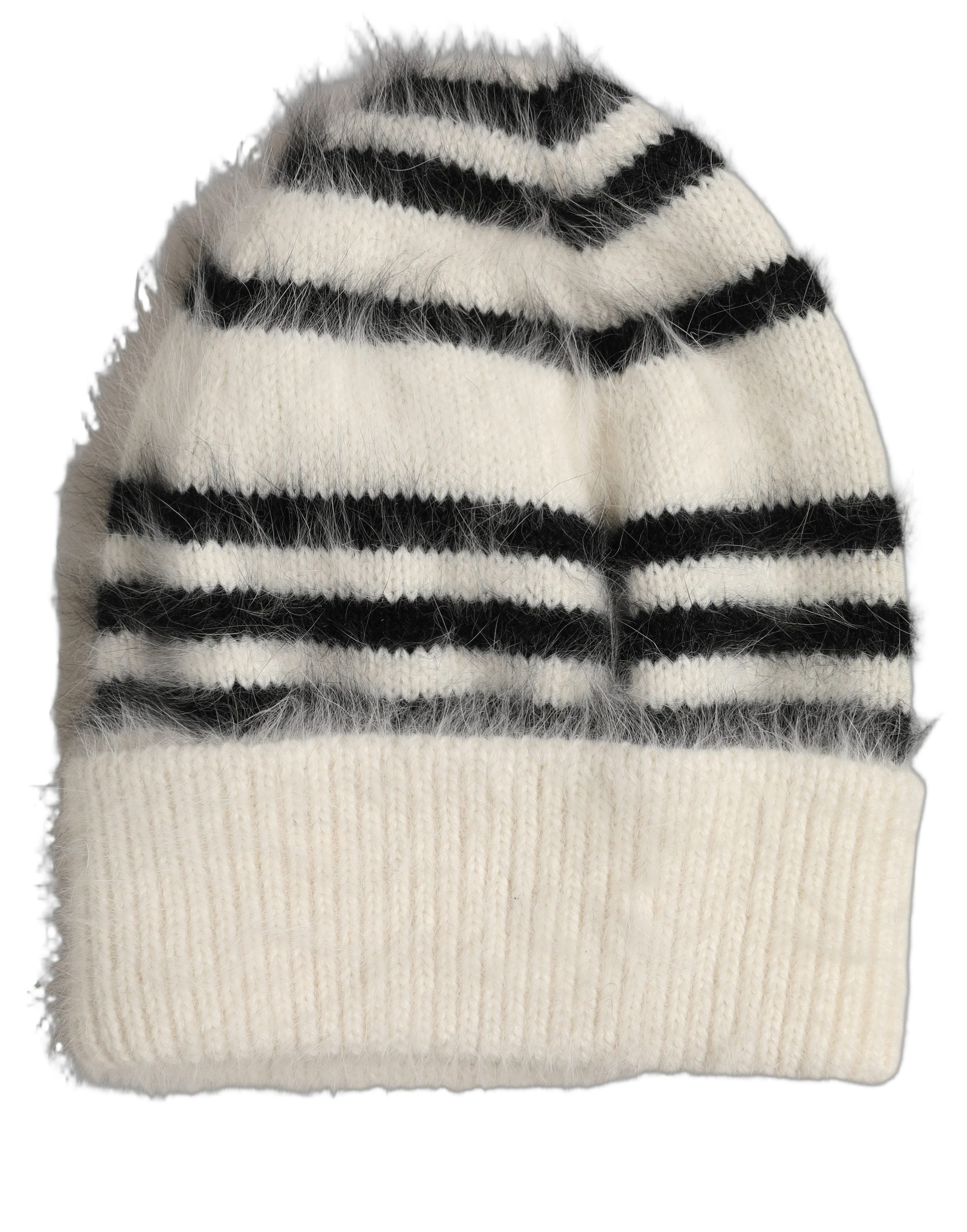 Dolce & Gabbana Dolce & Gabbana Black White Striped Angora Knitted Beanie One Size Women's Hat
