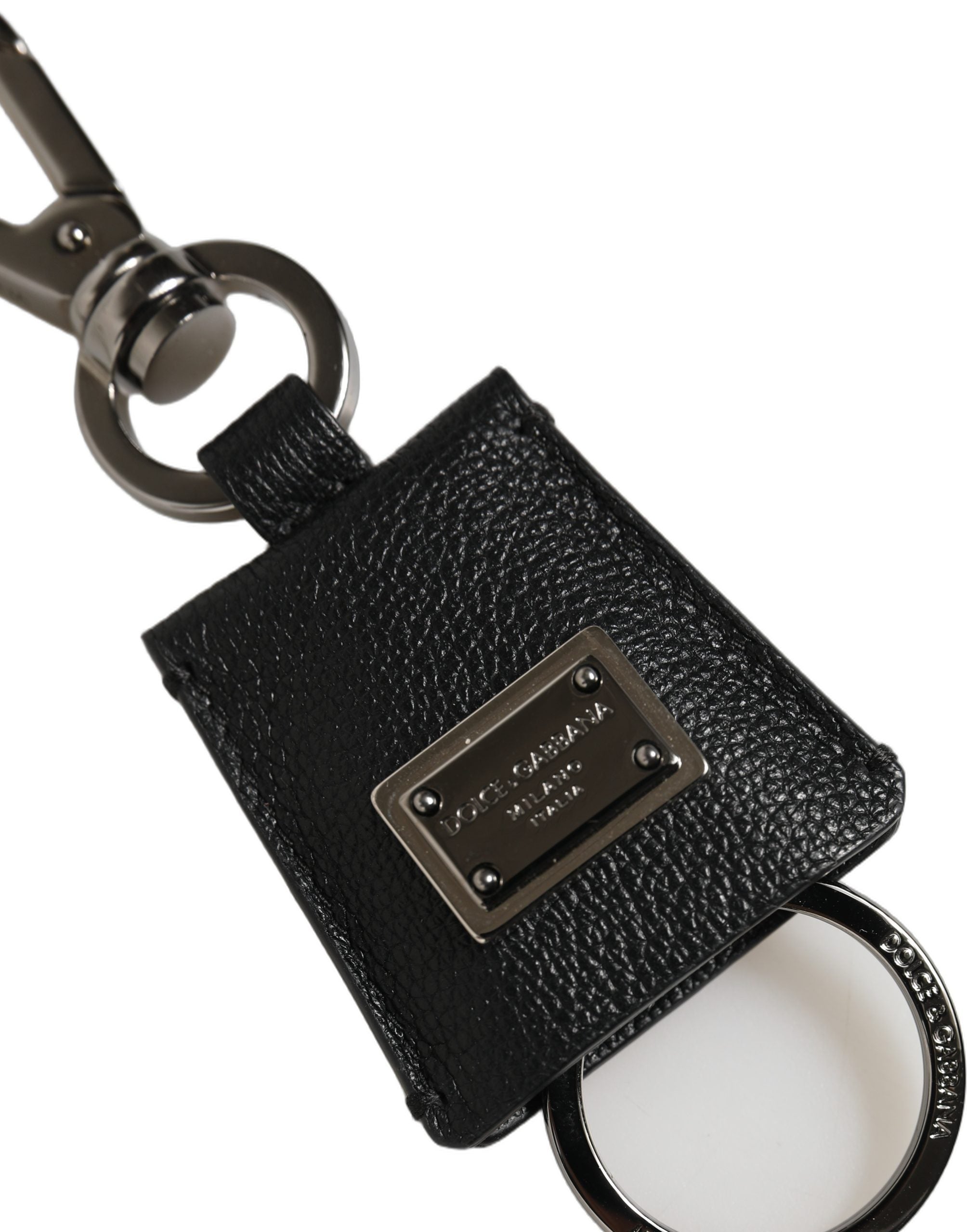 Dolce & Gabbana Dolce & Gabbana Black Dauphine Leather Silver Metal Logo Plaque Women's Keyring