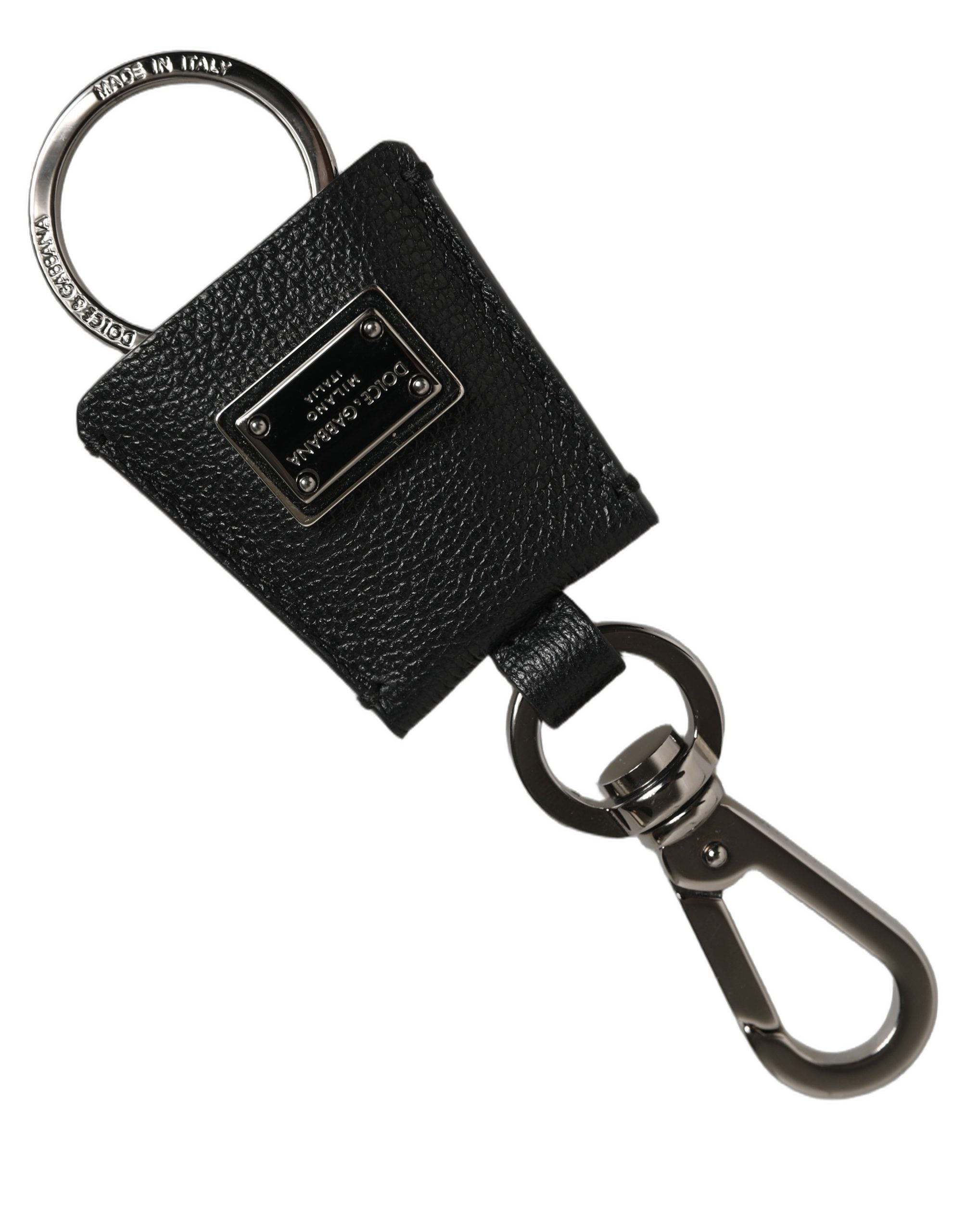 Dolce & Gabbana Dolce & Gabbana Black Dauphine Leather Silver Metal Logo Plaque Women's Keyring